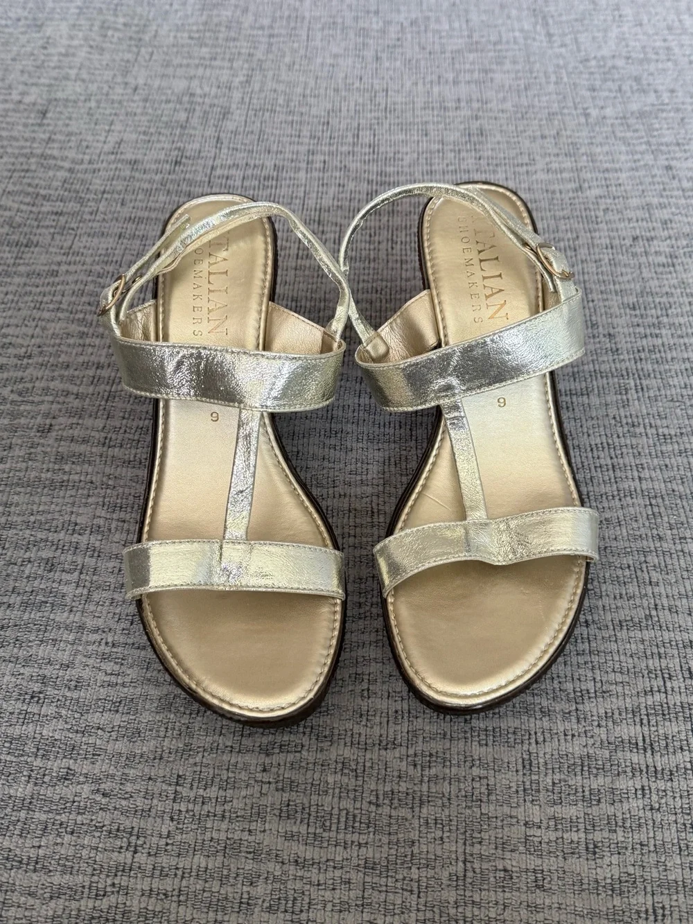 Gold and Brown Strapped High Heeled Wedge Sandals by Italian Shoemakers Size 9